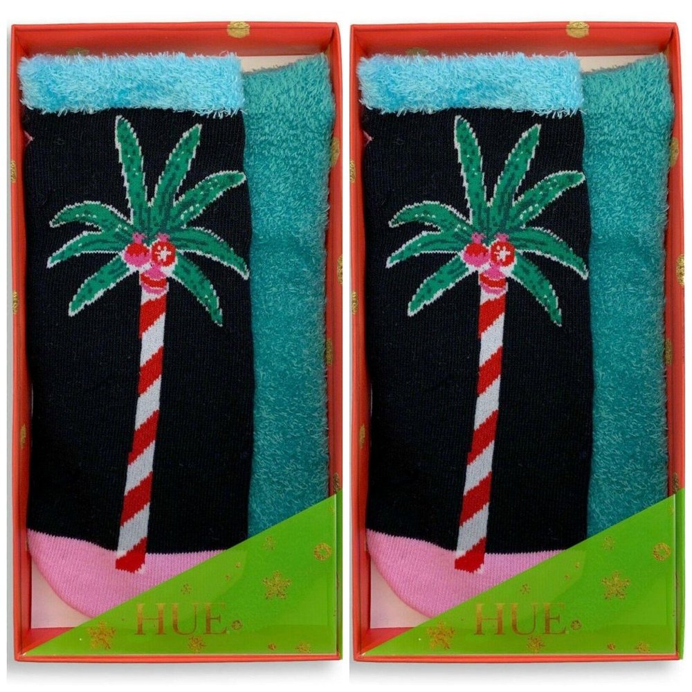New HUE 2 Pair Holiday Footsie Socks Gift Boxed P4534